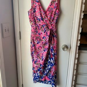Bleecker 126 boho pink floral tank wrap waist high low midi knee dress